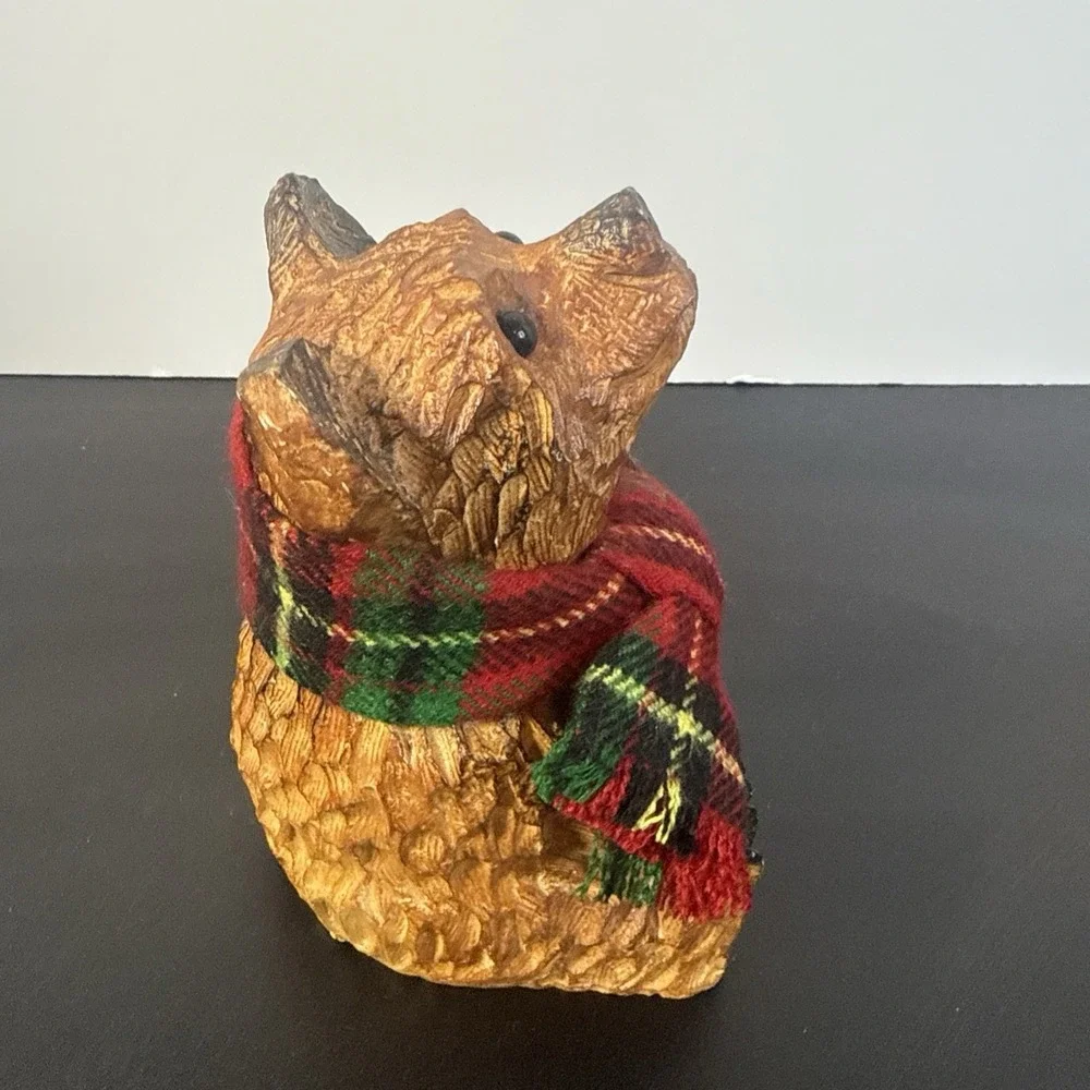 Grizzly Bear Figure Carved‎ Look Resin Wearing A Plaid Scarf Pre Owned